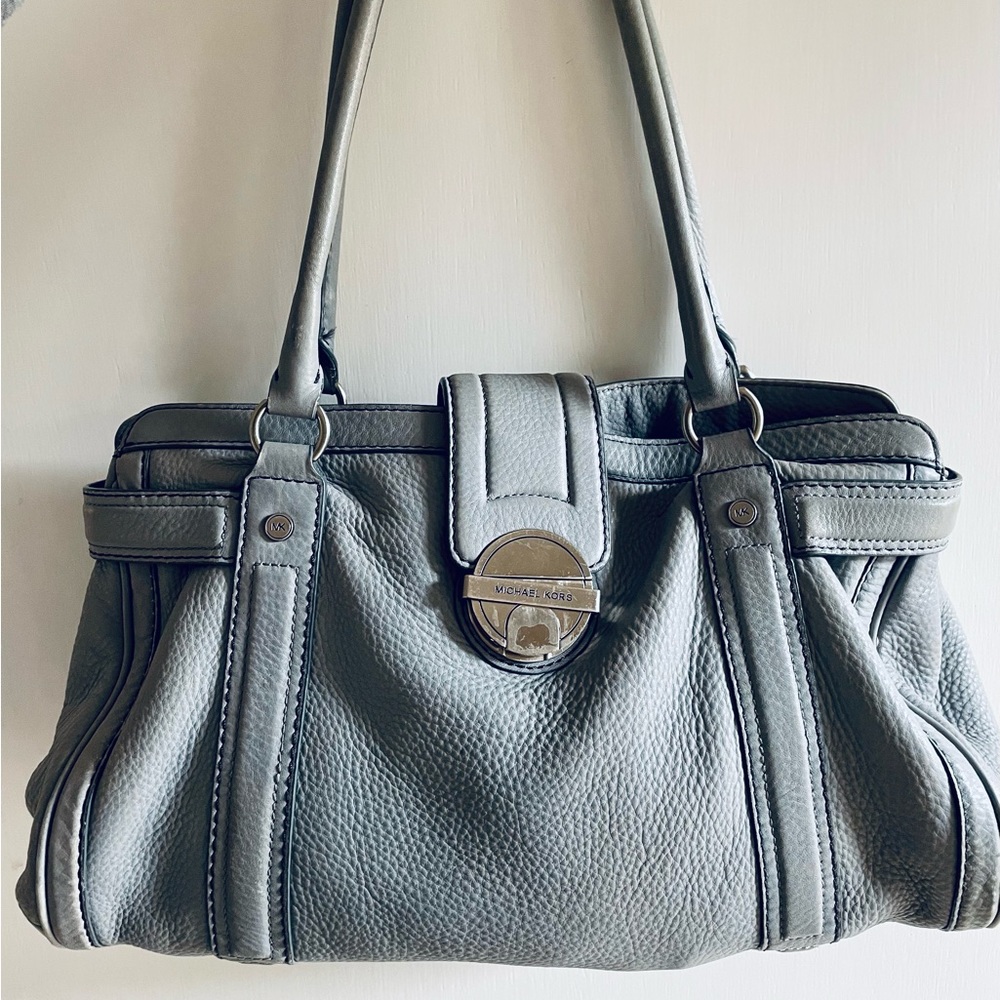Michael Kors Light Blue-Gray Leather Push Lock Flap Shoulder Bag
